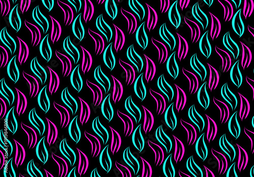 A vibrant seamless pattern featuring stylized abstract leaf or flame shapes in contrasting magenta and cyan colors. The repetitive design on a black background