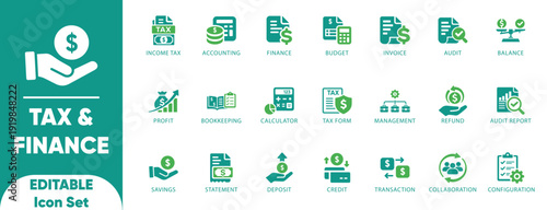 Tax editable solid icon set. deduction, adviser, property, planning, irs, accounting, income, contribution, illustration, and vector