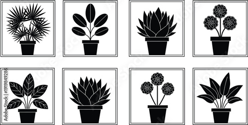Collection of Minimalist Potted Plant Silhouette Vector Illustrations Featuring Houseplants Succulents and Flowers in Square Frames for Modern Interior Design and Home Decor Graphics