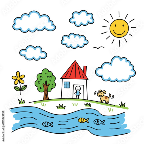 Colorful Children s Illustration of Nature with House Tree and Animals by a River
