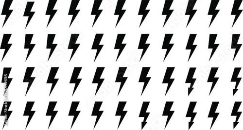 Set of black lightning bolt icons arranged in a grid pattern isolated on white background for electrical power energy and weather vector design