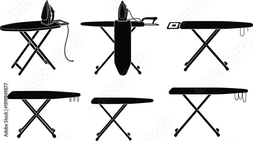 Set of Ironing Board and Steam Iron Silhouette Vector Illustrations Featuring Various Angles and Perspectives for Laundry Service Housework Domestic Chores and Home Appliance Graphics