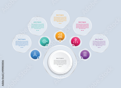 5 points infographic with glossy gradient style with big and small circle top cycle circular on top with five segment information