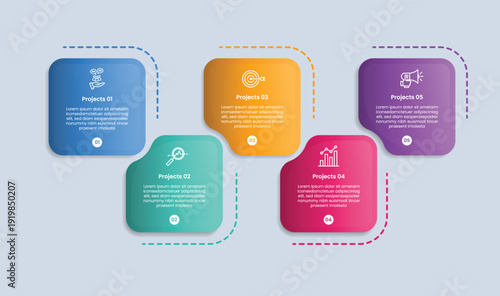 5 points infographic with glossy gradient style with round square box with folder shape up and down horizontal with five segment information