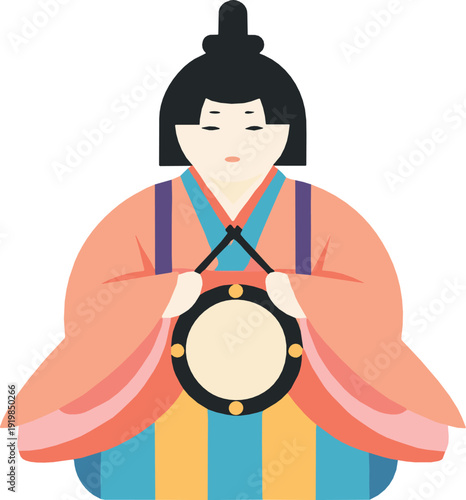 Traditional Korean musician in hanbok playing drum representing cultural heritage, folk performance, and historical costume illustrated in clean flat vector style