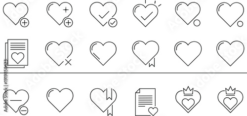 Large collection of heart line icons with checkmarks, plus signs and crowns, romantic love symbols for wedding, valentine and interface,