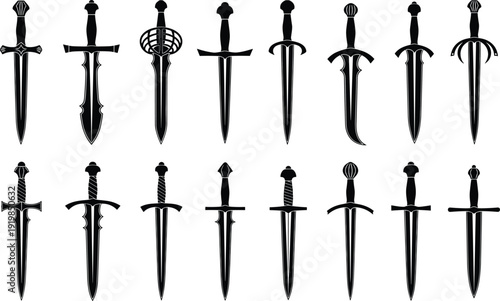 Large collection of medieval sword silhouettes and dagger icons, ancient weapon set for warrior games, knight equipment and historical design,