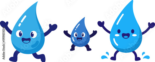 Three happy water drop characters in a cute cartoon vector illustration. Features a large drop running, a small drop standing, and another large drop splashing