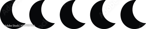 Set of black crescent moon silhouettes in different sizes, lunar phase icons for night sky, ramadan kareem and celestial design,