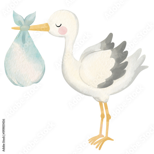 Watercolor stork carrying baby bundle soft pastel nursery illustration