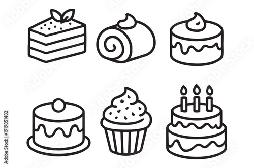 A collection of six black and white line art illustrations depicting various cakes and sweets