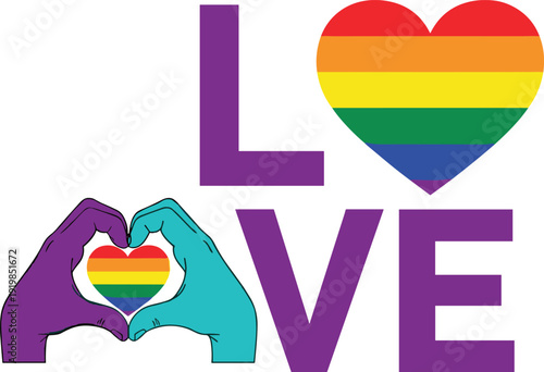 Love typography with rainbow heart and hands vector illustration LGBTQ pride symbol colorful equality design