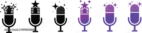 Set of colorful and black microphone icons with sparkles and stars, professional audio recording symbols for podcast, radio and entertainment,
