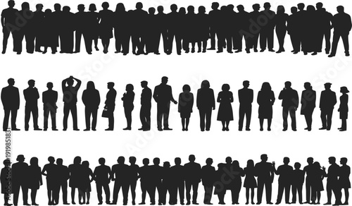 Collection of diverse human silhouettes in horizontal rows on white background Keywords: crowd, people, silhouette, group, human