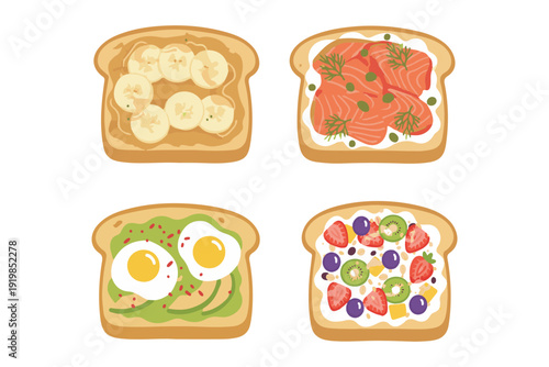 Varieties of Healthy Open Sandwiches and Toasts Flat Vector Illustration