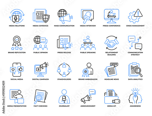 Public Relations and Media Relations Line art Icon Set vector illustration