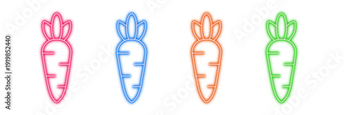 Neon glowing carrot vector icons set, healthy food, fresh vegetable, organic, vegan, nutrition, plant, vibrant colorful digital design illustration on transparent background.