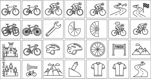 Cycling Competition and Sports Icon Set Featuring Professional Road Bikes Racers Helmets Jerseys and Mountain Tracks for Outdoor Athletic Events