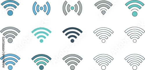 Wireless signal and WiFi icon set with connectivity symbols in various styles and colors illustrated in clean modern flat vector design