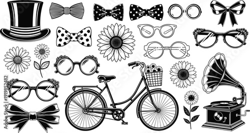 Vintage Retro Lifestyle Vector Set with Classic Bicycle Gramophone Top Hat Bow Ties Flowers and Stylish Eyewear for Nostalgic Design