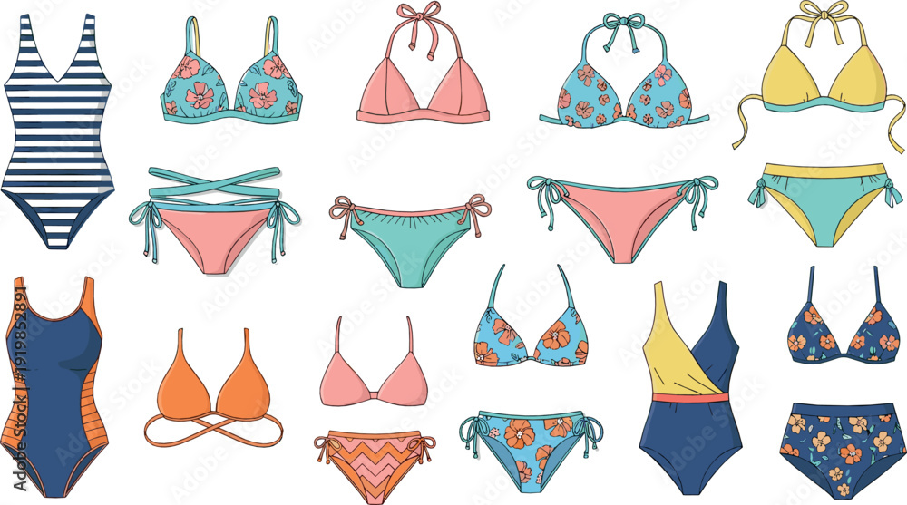 Αυτοκόλλητο Women swimwear and bikini collection with one piece and two piece designs in flo