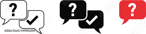 Set of speech bubble icons with question marks and checkmarks in black and red for support, feedback, faq and help,