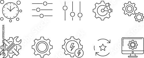 Set of technical settings line icons with gears, clock, sliders and wrench, mechanical process symbols for system maintenance and configuration,