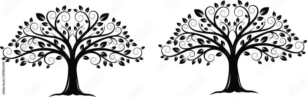 Obraz premium Symmetric black tree of life vector illustration with swirling branches and leaves, set of two decorative botanical silhouettes for genealogy designs (21 words—ideal for SEO)