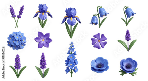 A collection of blue flower illustrations, including lilies and irises, arranged in a grid, showcasing various species and designs.