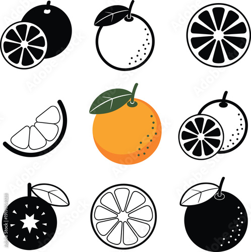 Collection of Orange Fruit Icons Featuring Fresh Whole Citrus Sliced Halves Wedges and Minimalist Outlines Isolated Vector Illustration for Juice Branding and Healthy Cooking