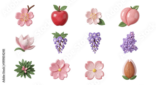 A vibrant floral arrangement featuring a blooming flower, fresh fruit, and lush greenery, presented in a digital illustration.