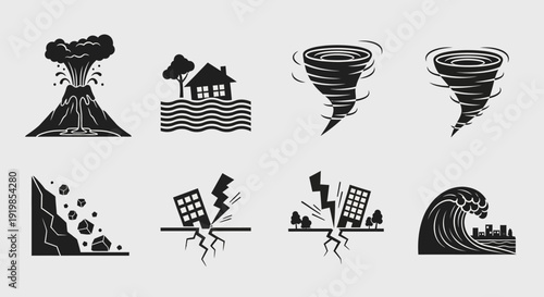 Natural Disaster Icons Volcano Tornado Earthquake.