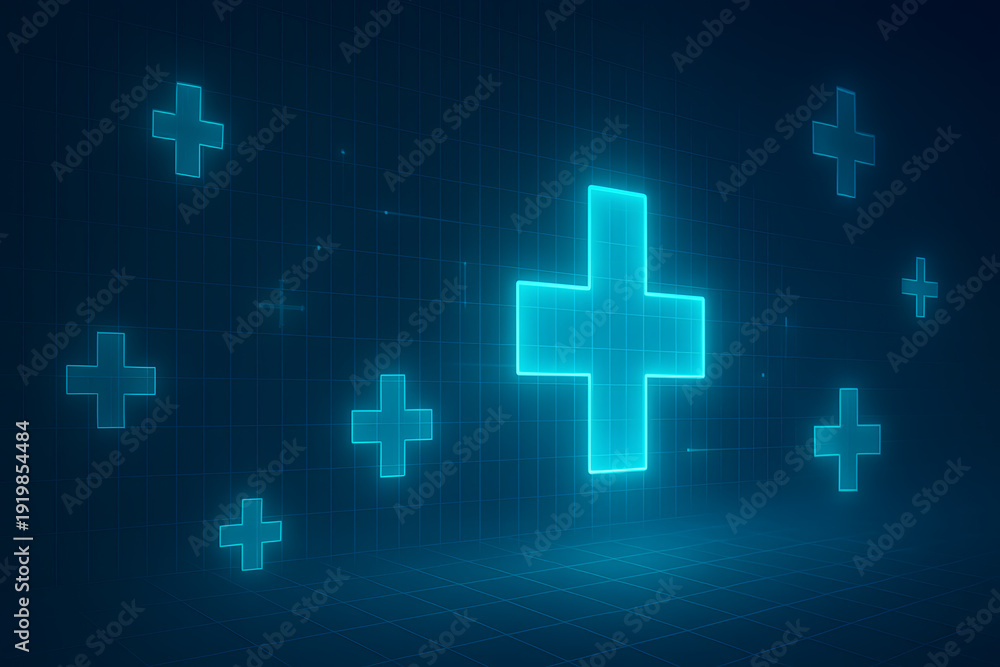 Obraz premium Medical concept design template with health symbols and medic icons in a dark blue background pattern for doctor use