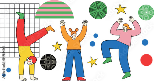 Playful people dancing and exercising vector illustration with abstract shapes, joyful characters, colorful modern flat design, creative lifestyle concept