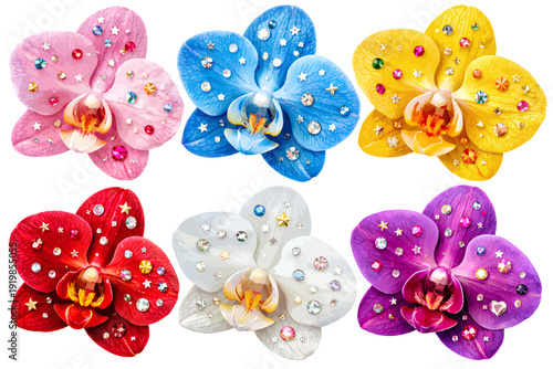 Assortment of colorful flower decorations with gems and rhinestones arranged in a flower pattern design