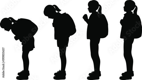 Vector illustration of student silhouettes wearing backpacks in different postures, progression from hunched stance to upright body alignment, educational anatomy design sketch