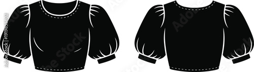 Fashion vector illustration of puff sleeve blouse front and back technical drawing, scoop neckline, fitted bodice, garment design flat sketch silhouette