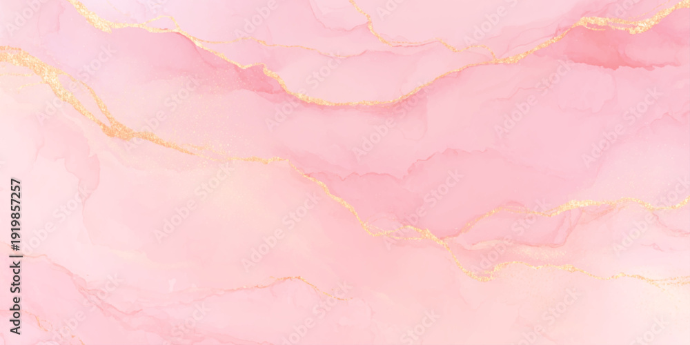 Fototapeta premium Elegant pink alcohol ink background with luxury gold veins, soft rose marble texture shimmering gold metallic veins, creating a premium marble-like texture for wedding invites and branding.