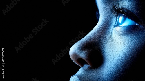 a close-up profile of a person is illuminated by a sharp, ethereal blue light against a deep black background, highlighting the eye, nose, and cheek texture.