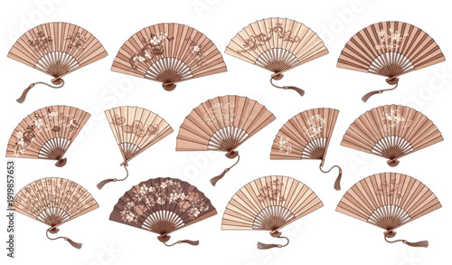 Vintage Chinese and Japanese Hand Fans Vector Set Featuring Oriental Paper Accessories for Fashion and Decoration