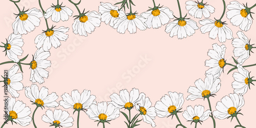 Delicate floral illustration of white daisies framing a soft pink background, perfect for spring celebrations and elegant designs