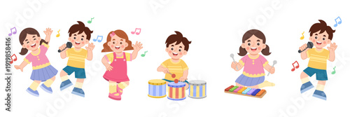 Illustration of a set of children playing musical instruments