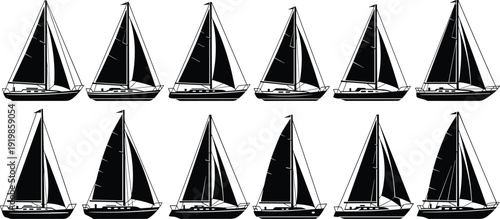 Collection of Nautical Sailboat Silhouettes Featuring Various Yacht Designs and Sailing Vessels for Maritime Travel Adventure and Sea