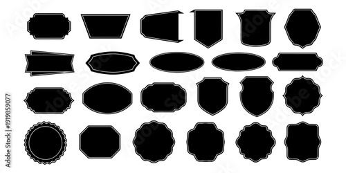 An elegant and professional collection of black silhouette badges, featuring various minimalist graphic design shapes and frames for versatile use in branding projects.