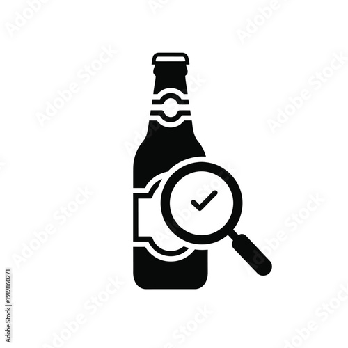 Black bottle with magnifying glass and checkmark