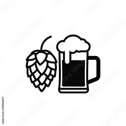 Black line beer mug with foam and hop cone