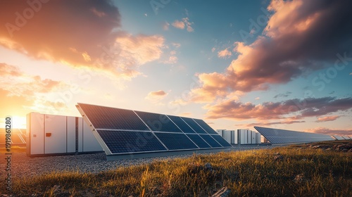 Solar panels with electric battery storage units in a field at sunset renewable energy system