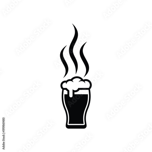 Black silhouette of a beer glass with rising steam and foam