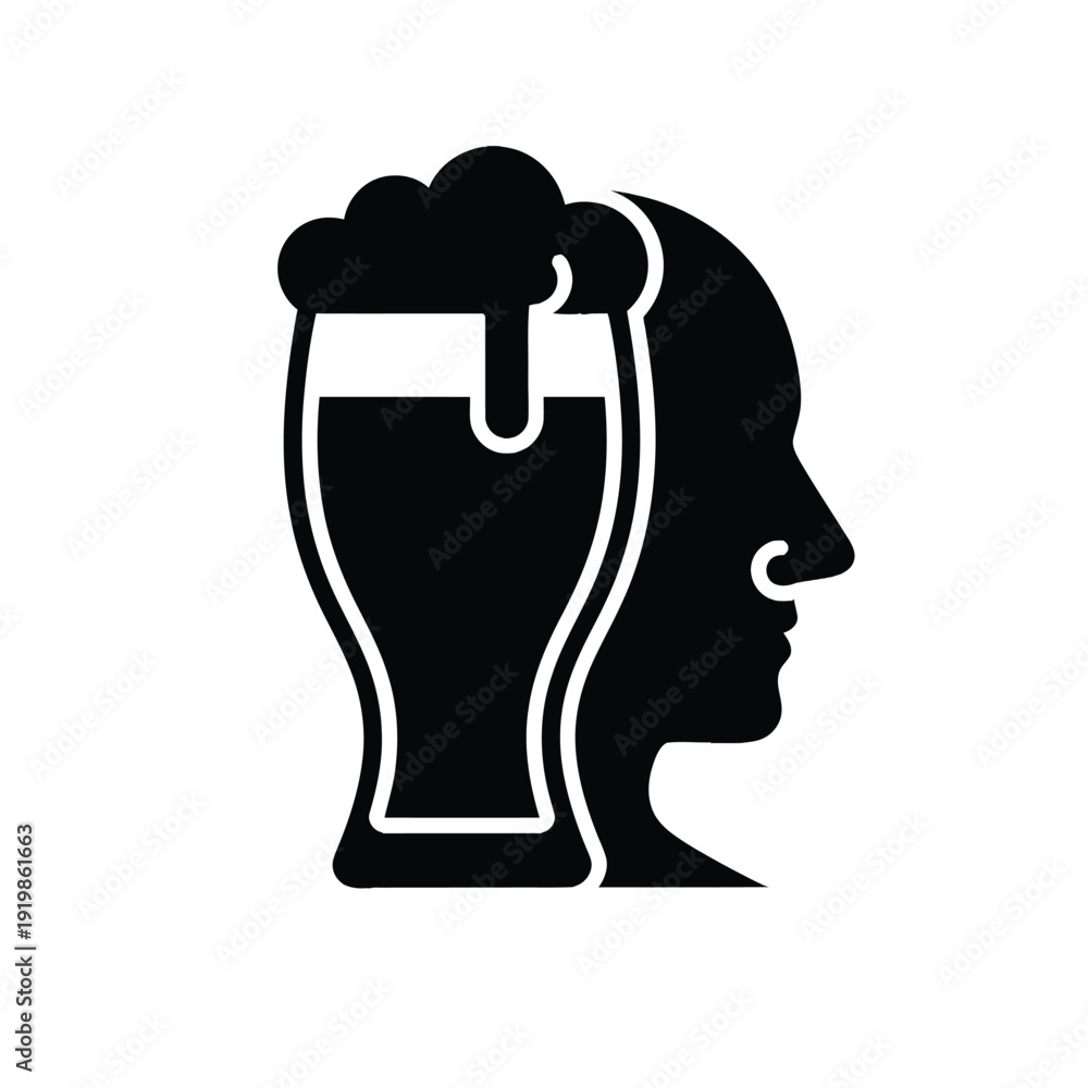 Fototapeta Black silhouette of a woman's head replaced by a beer glass