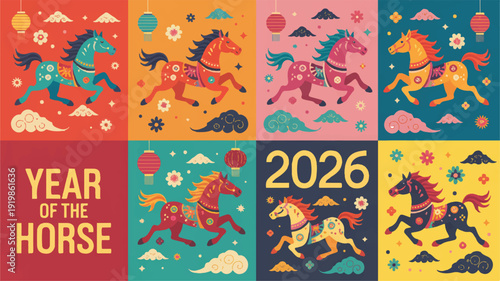 Vibrant 2026 Year of the Horse digital illustration featuring dynamic horse silhouettes in various poses against a colorful, abstract background with celestial elements and festive decorations